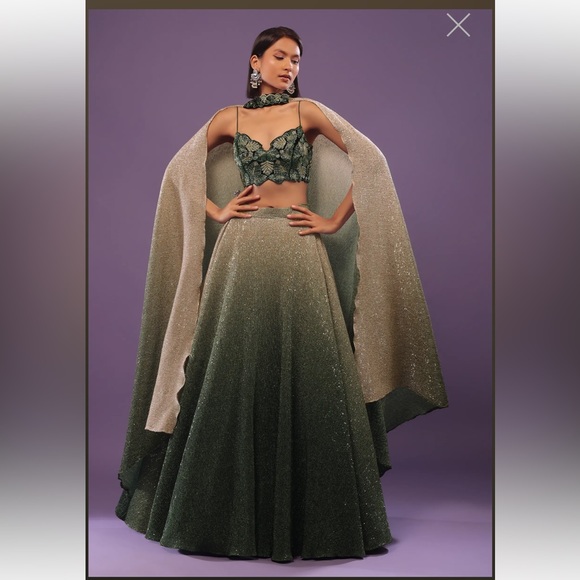Kalki Fashion Other - Deep Green Ombre & Gold Embroidered Lehenga Set With Sequins Embroidery - Kalki
